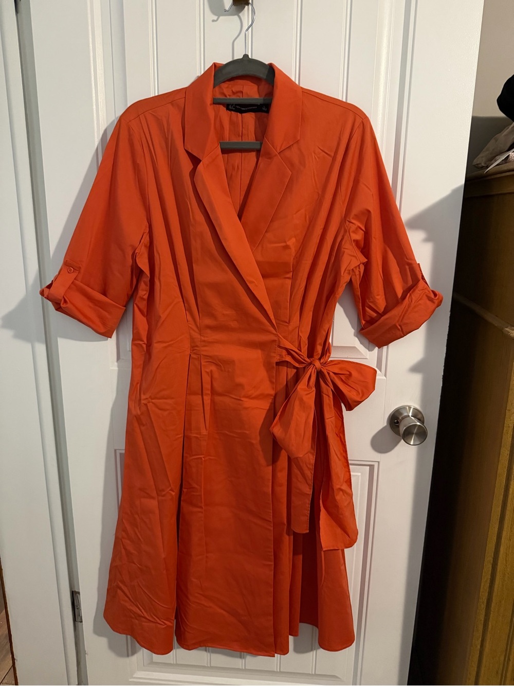 New York & Company Orange Wrap Midi Dress with Tie Waist